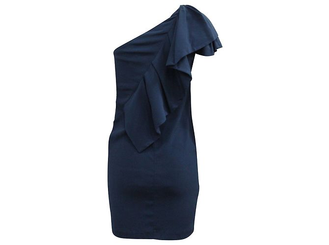 Abito Maje Monospalla con Volant in Viscosa Blu Navy - vista 3