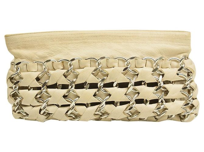 Bolsa clutch RODO off white couro entrelaçado com correntes prateadas Branco - vista 2