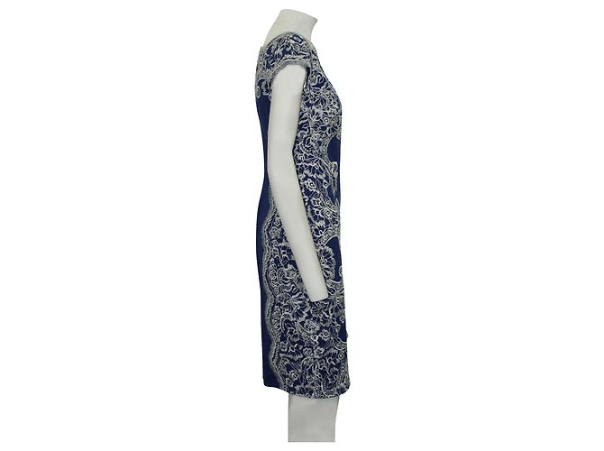 Tadashi Shoji Vestido Azul con Encaje Blanco - vista 4