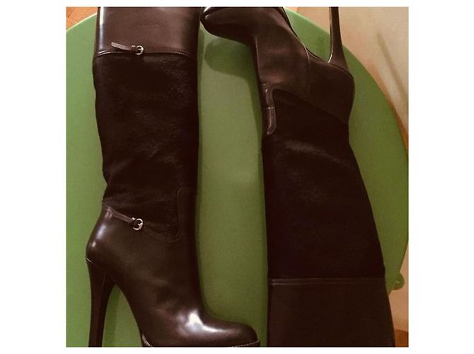 Botas de plataforma Gucci de cuero y pelo de pony marrón Castaño - vista 3