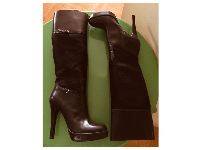 Botas de plataforma Gucci de cuero y pelo de pony marrón Castaño - vista 4