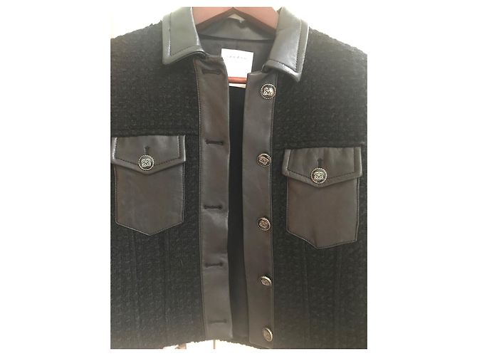 Giacca Sandro in tweed e pelle nera 36 Nero - vista 2