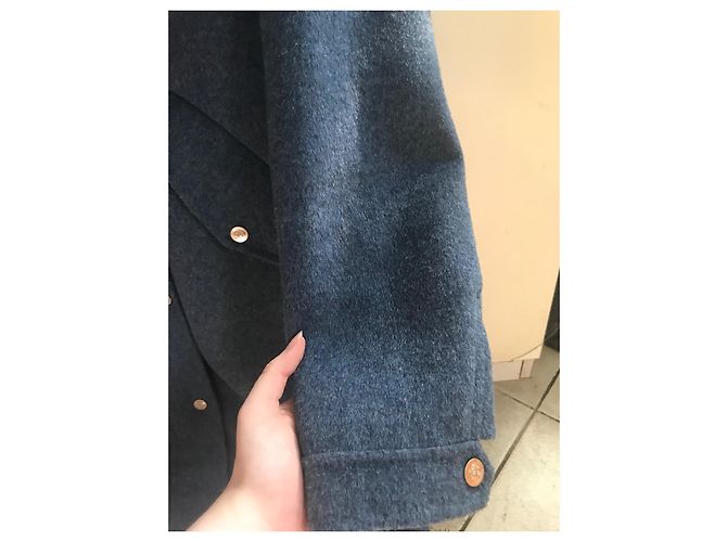 Abrigo azul de lana Massimo Dutti con capucha de piel sintética - vista 6