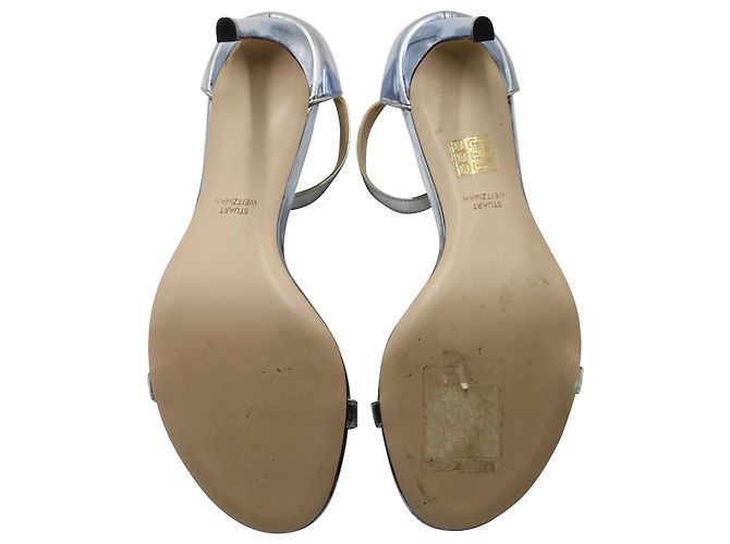 Stuart Weitzman Ankle Strap Open Toe High Heel Sandalen aus silbernem Leder Metallisch - Ansicht 6