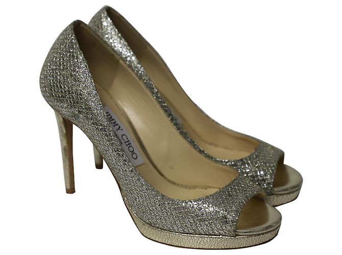 Décolleté Jimmy Choo Metallic Luna Open Toe in pelle dorata D'oro Metallico - vista 3
