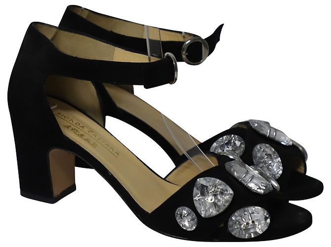 Bionda Castana Crystal-Embellished Maggie Sandals in Black Suede - view 3