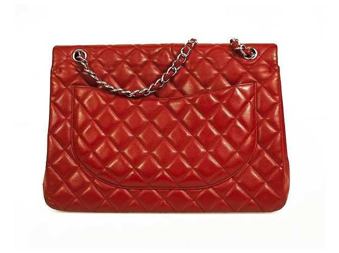 CHANEL Borsa Maxi con patta foderata in pelle caviale rossa Finiture argentate Rosso - vista 2