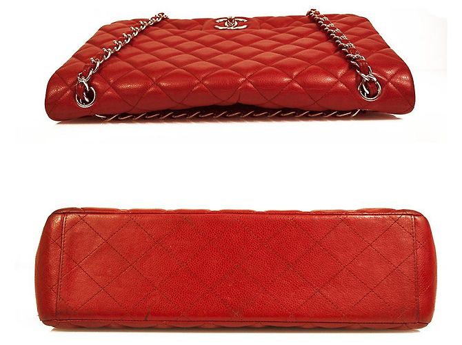 CHANEL Borsa Maxi con patta foderata in pelle caviale rossa Finiture argentate Rosso - vista 3