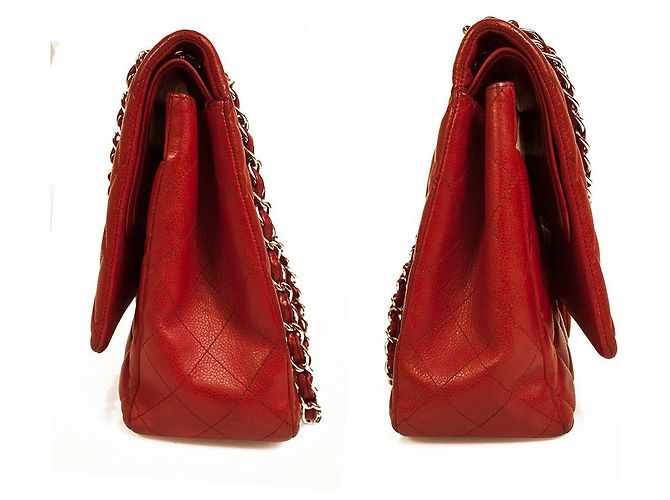 CHANEL Borsa Maxi con patta foderata in pelle caviale rossa Finiture argentate Rosso - vista 5