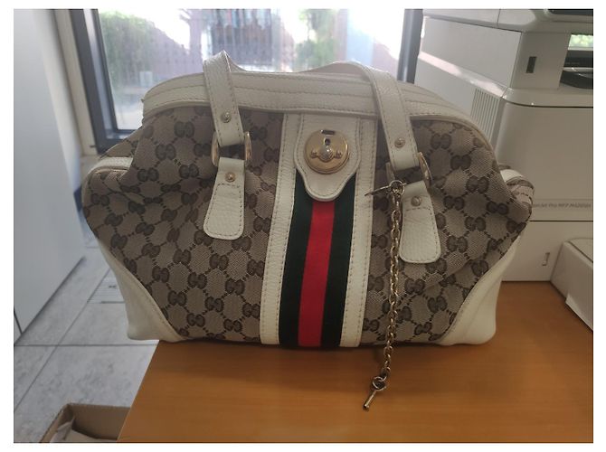 Borsa a mano Gucci bianca e marrone chiaro in pelle e tela Bianco - vista 2