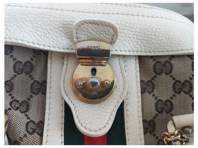 Borsa a mano Gucci bianca e marrone chiaro in pelle e tela Bianco - vista 3