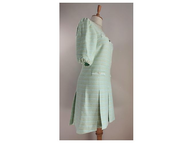 Maje Vestido de tweed plisado menta y beige algodón Talla 36 Verde - vista 2