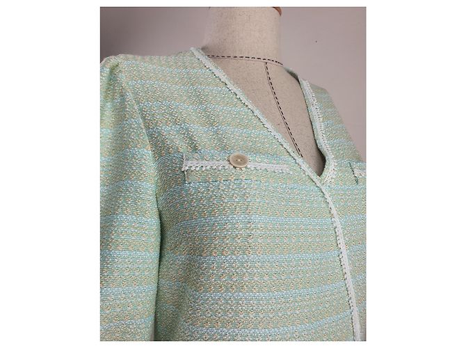 Maje Vestido de tweed plisado menta y beige algodón Talla 36 Verde - vista 3