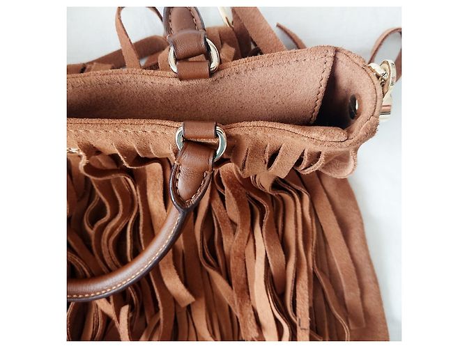 Bolsa Carolina Herrera em couro marrom e camurça com franjas Bege - vista 2