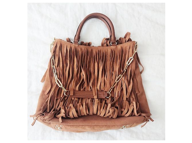 Bolsa Carolina Herrera em couro marrom e camurça com franjas Bege - vista 3