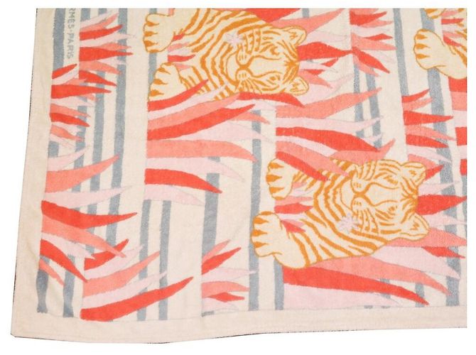 Hermès NEUF DRAP DE PLAGE HERMES TIGRES DANS LES HERBES SERVIETTE BAIN COTON TOWEL Blanc - vue 3