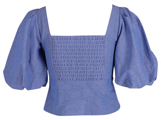 Top fruncido con mangas abullonadas Sandro Mayan de algodón azul - vista 3