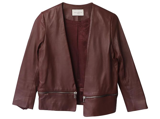 Chaqueta con ribete de cremallera en cuero burdeos Sandro Paris Roja - vista 4