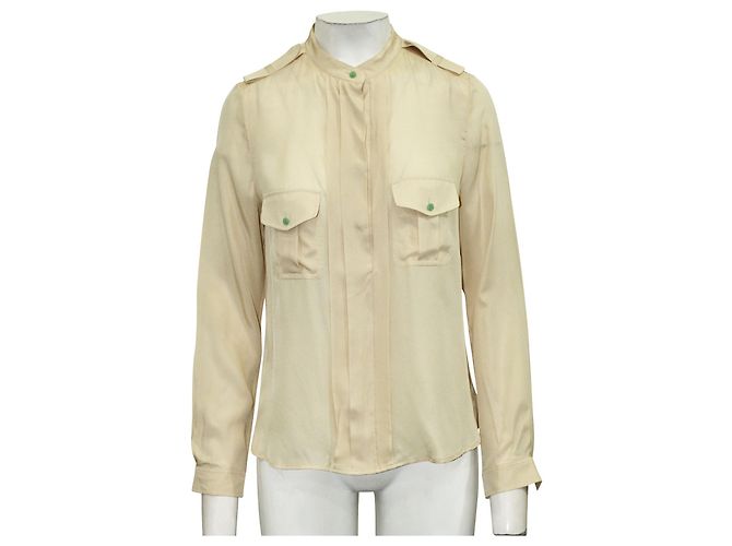 Shanghai Tang Camicia in Seta Beige/Giallo Chiaro con Bottoni Verdi Carne - vista 2