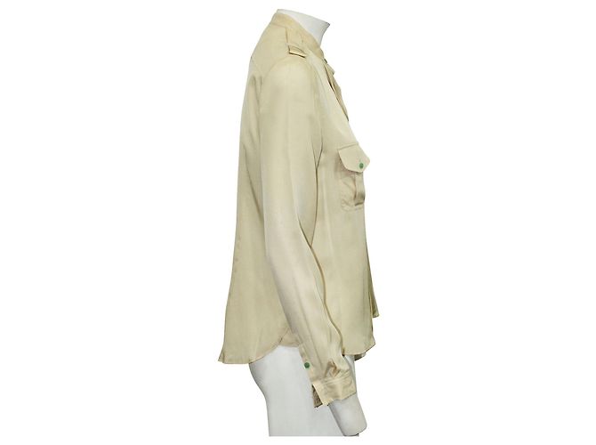 Shanghai Tang Camicia in Seta Beige/Giallo Chiaro con Bottoni Verdi Carne - vista 4