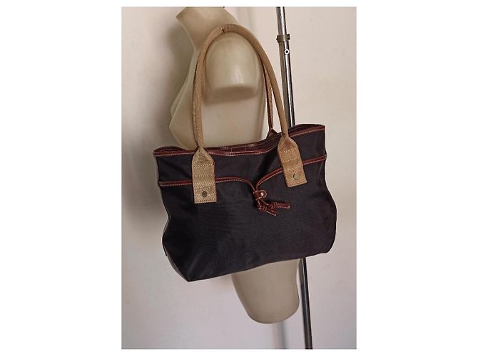 Borsa Lancel tote bag blu scuro e marrone pelle e tela - vista 10