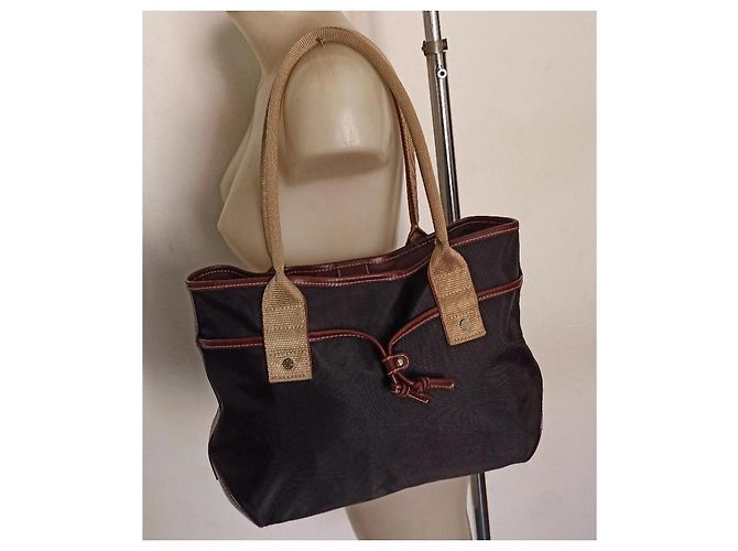 Borsa Lancel tote bag blu scuro e marrone pelle e tela - vista 2