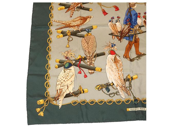 Hermès HERMES CARRE90 Sciarpa ""LES OISEAUX DU ROY"" Seta Verde Auth am2547g - vista 5