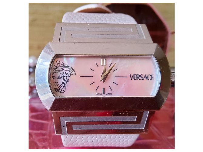 Versace-Uhr hellrosa Perlmutt-Zifferblatt, Riemen in cremefarbener Farbe Aus weiß Damier ebene - Ansicht 2