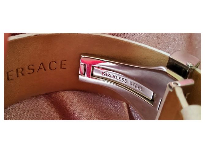 Versace-Uhr hellrosa Perlmutt-Zifferblatt, Riemen in cremefarbener Farbe Aus weiß Damier ebene - Ansicht 7