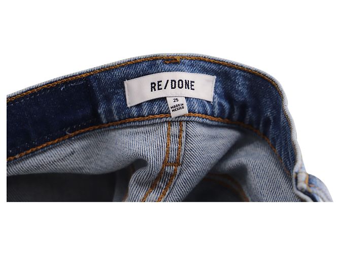 Re/Done Jeans Reto Cropped Distressed Refeito em Blue Denim Azul Azul claro - vista 3