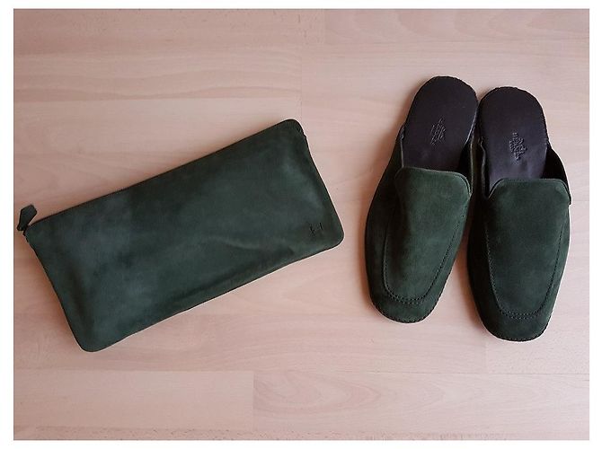 Hermès pantofole in camoscio Verde scuro - vista 2
