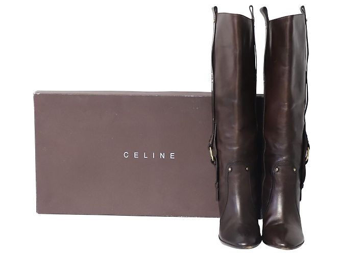 Céline Botas de salto alto Celine com fivela em couro de bezerro marrom - vista 8