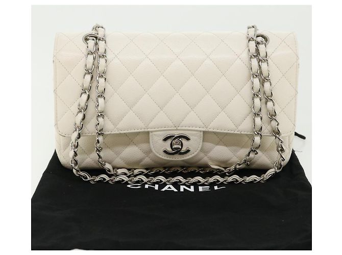 CHANEL Borsa a spalla con catena con patta foderata in matelasse Caviar Skin White CC Auth knn085 Bianco - vista 12