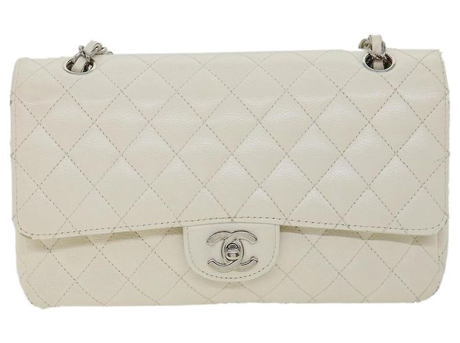 CHANEL Borsa a spalla con catena con patta foderata in matelasse Caviar Skin White CC Auth knn085 Bianco - vista 13