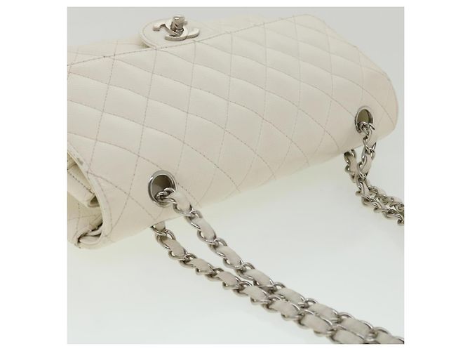 CHANEL Borsa a spalla con catena con patta foderata in matelasse Caviar Skin White CC Auth knn085 Bianco - vista 14