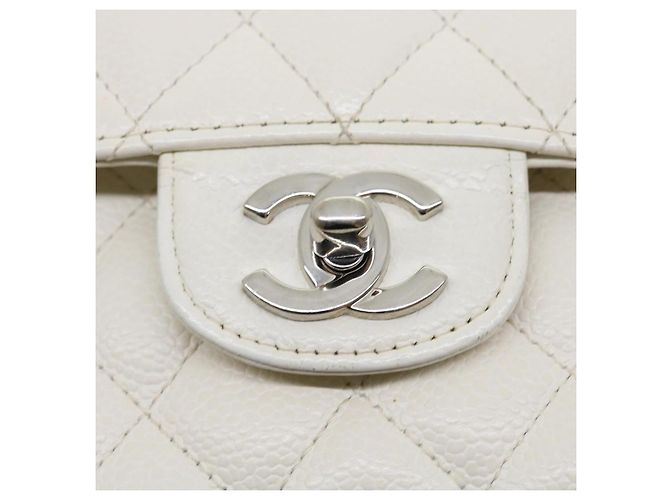 CHANEL Borsa a spalla con catena con patta foderata in matelasse Caviar Skin White CC Auth knn085 Bianco - vista 20