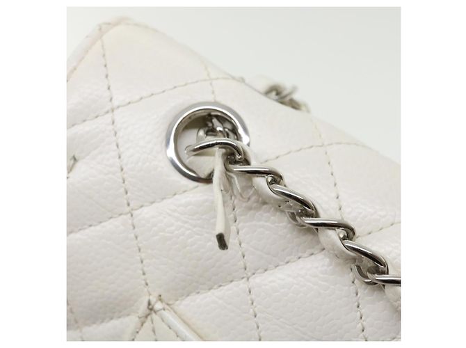 CHANEL Borsa a spalla con catena con patta foderata in matelasse Caviar Skin White CC Auth knn085 Bianco - vista 8