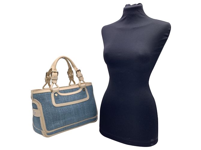 Céline Light Blue Raffia Leather Boogie Satchel Tote Bag Handbag - view 2