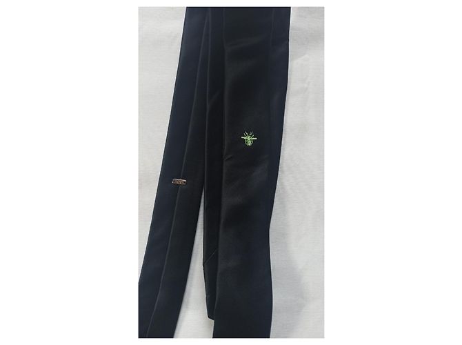 Cravatta Dior nera slim in seta con ape verde jacquard Nero - vista 3