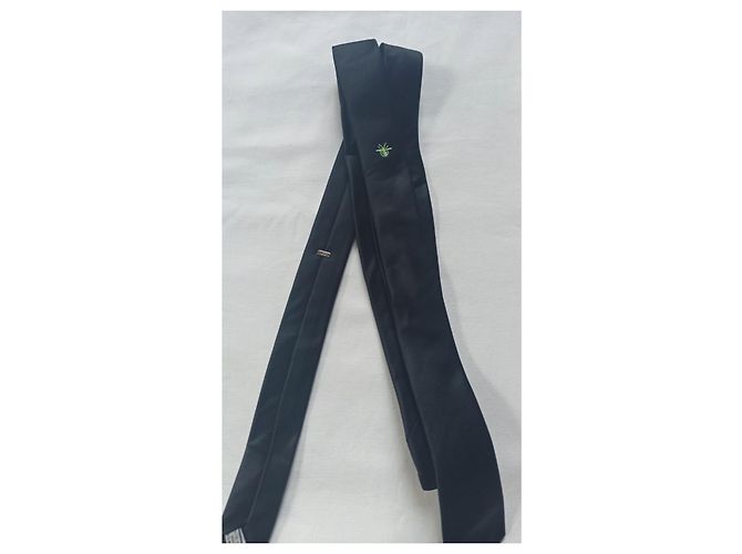 Cravatta Dior nera slim in seta con ape verde jacquard Nero - vista 4