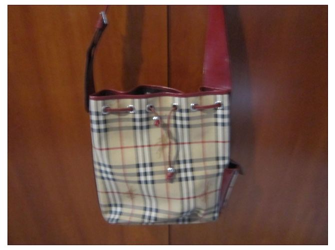 Borsa a secchiello Burberry beige e bordeaux in tela e pelle verniciata Bordò - vista 2