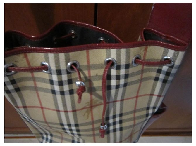 Borsa a secchiello Burberry beige e bordeaux in tela e pelle verniciata Bordò - vista 3