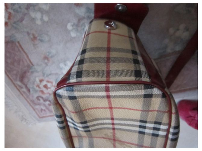 Borsa a secchiello Burberry beige e bordeaux in tela e pelle verniciata Bordò - vista 8
