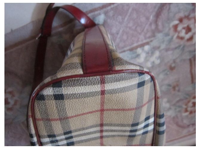 Borsa a secchiello Burberry beige e bordeaux in tela e pelle verniciata Bordò - vista 9