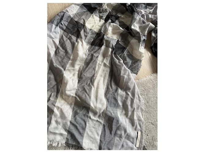 Sciarpa Burberry Grigio Lana Seta Check Bianco sporco Grigio antracite - vista 4