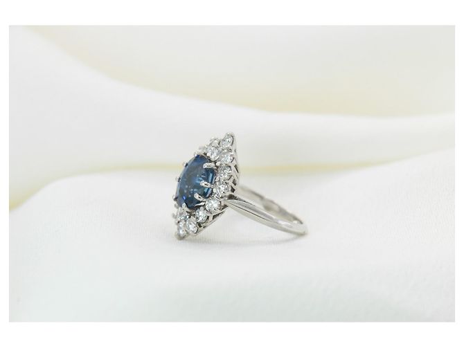 Anello marquise vintage in oro bianco 18k zaffiri e diamanti Blu - vista 5