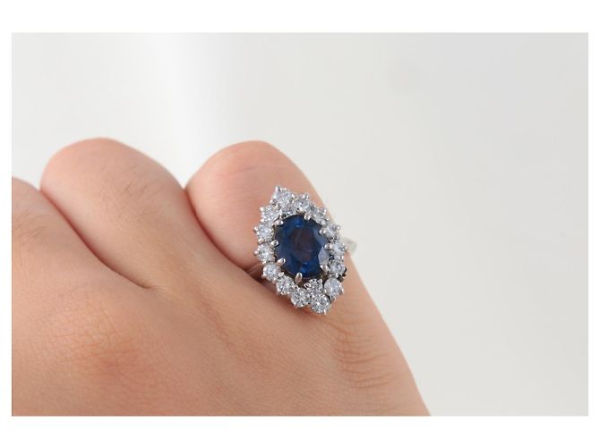 Anello marquise vintage in oro bianco 18k zaffiri e diamanti Blu - vista 6