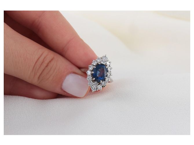Anello marquise vintage in oro bianco 18k zaffiri e diamanti Blu - vista 7