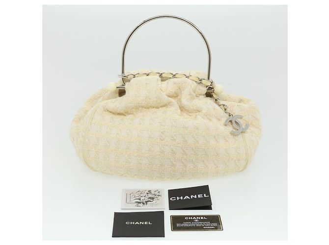 CHANEL Borsa a mano in tweed Bianco CC Auth bs2221 - vista 12