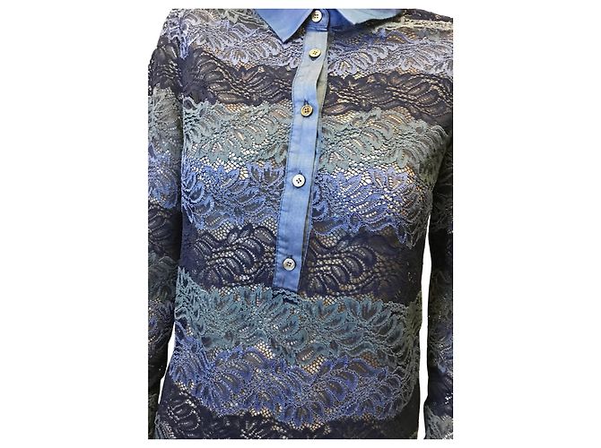 Autre Marque Blaue Spitzenbluse mit langen Ärmeln - Ansicht 2